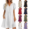 thumbnail image 1 of 2026 Summer Dress for Women Cotton Linen V-Neck Pockets Solid Puff Sleeve Knee-Length Dress, 1 of 6