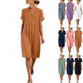 thumbnail image 1 of 2026 Summer Dress for Women Cotton Linen V-neck Pocket Short Sleeve Knee-Length Dress, 1 of 9