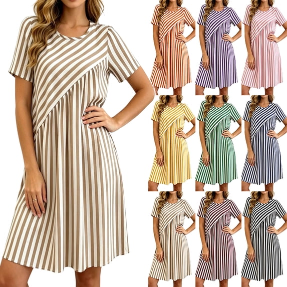 2026 Summer Dress for Women Fashion Striped Short Sleeve Casual Round-Neck Mini Dress
