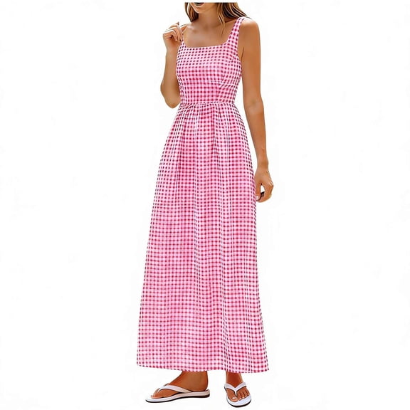 2026 Summer Dress for Women Gingham Square Neck Sleeveless A-Line Summer Sundress with Elastic Waist
