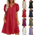 thumbnail image 1 of 2026 Summer Dress for Women Plus Size Cotton Linen V-Neck Pockets Solid Puff Sleeve Knee-Length Dress, 1 of 7