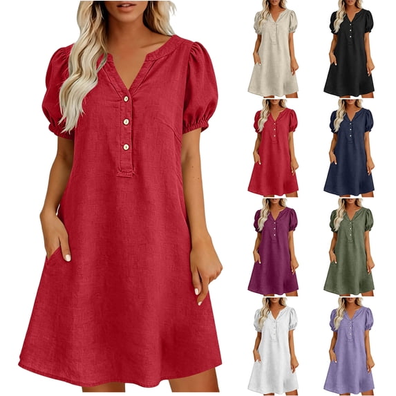 2026 Summer Dress for Women Plus Size Cotton Linen V-Neck Pockets Solid Puff Sleeve Knee-Length Dress