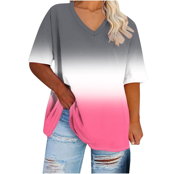 2026 Summer Fashion Plus Size Womens Oversized V-neck Short Sleeved Solid Base Shirt Sports T-shirt Casual Tops