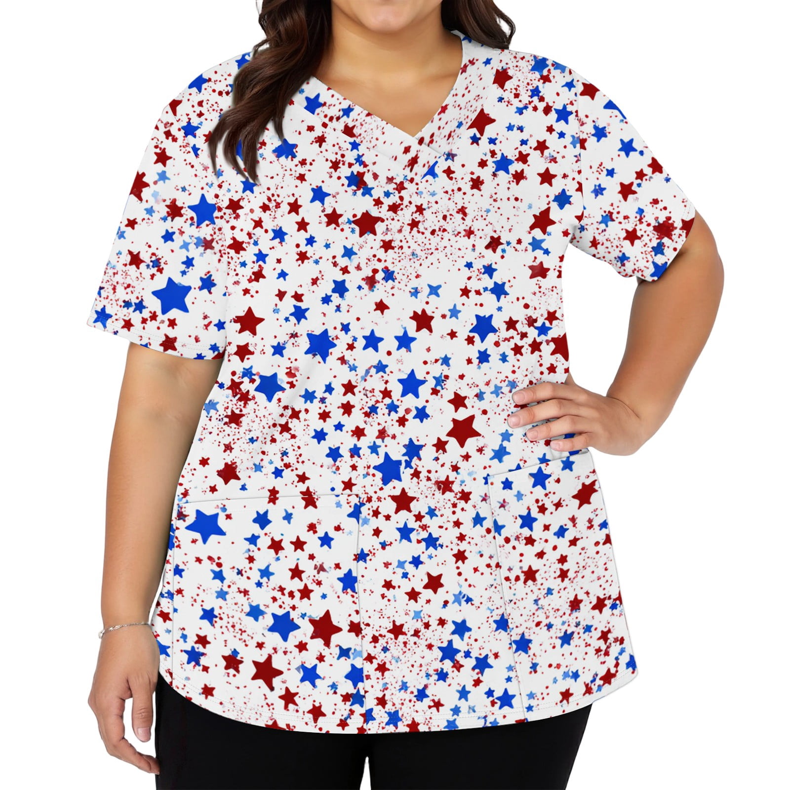 2026 Summer Independence Day Scrub Tops for Women Stretchy V Neck ...