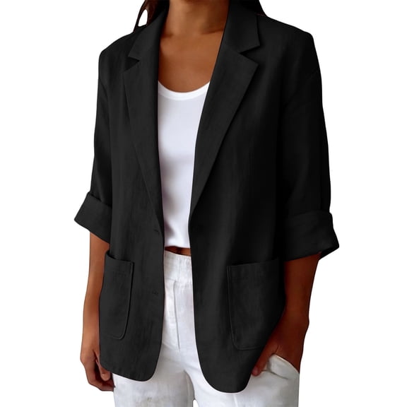 2026 Summer Linen Blazer Women-3/4 Sleeve V Neck Ruched Sleeve Button down Lightweight Breathable Business Casual Work Jackets Pocket by Awwp Black 2Xl