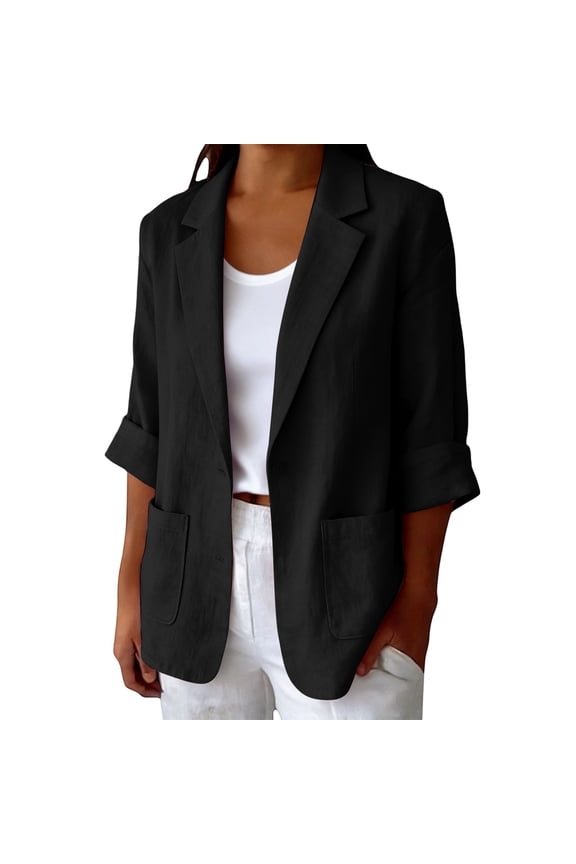 2026 Summer Linen Blazer Women-3/4 Sleeve V Neck Ruched Sleeve Button down Lightweight Breathable Business Casual Work Jackets Pocket by Awwp Black 2Xl