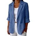 thumbnail image 1 of 2026 Summer Linen Blazer Women-3/4 Sleeve V Neck Ruched Sleeve Button down Lightweight Breathable Business Casual Work Jackets Pocket by Awwp Blue 2Xl, 1 of 7