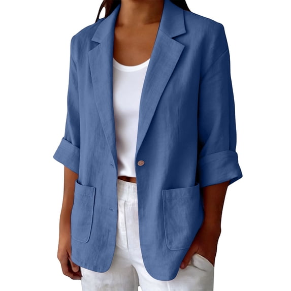 2026 Summer Linen Blazer Women-3/4 Sleeve V Neck Ruched Sleeve Button down Lightweight Breathable Business Casual Work Jackets Pocket by Awwp Blue 2Xl