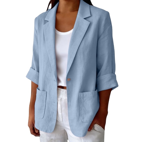 2026 Summer Linen Blazer Women-3/4 Sleeve V Neck Ruched Sleeve Button down Lightweight Breathable Business Casual Work Jackets Pocket by Awwp Light Blue M