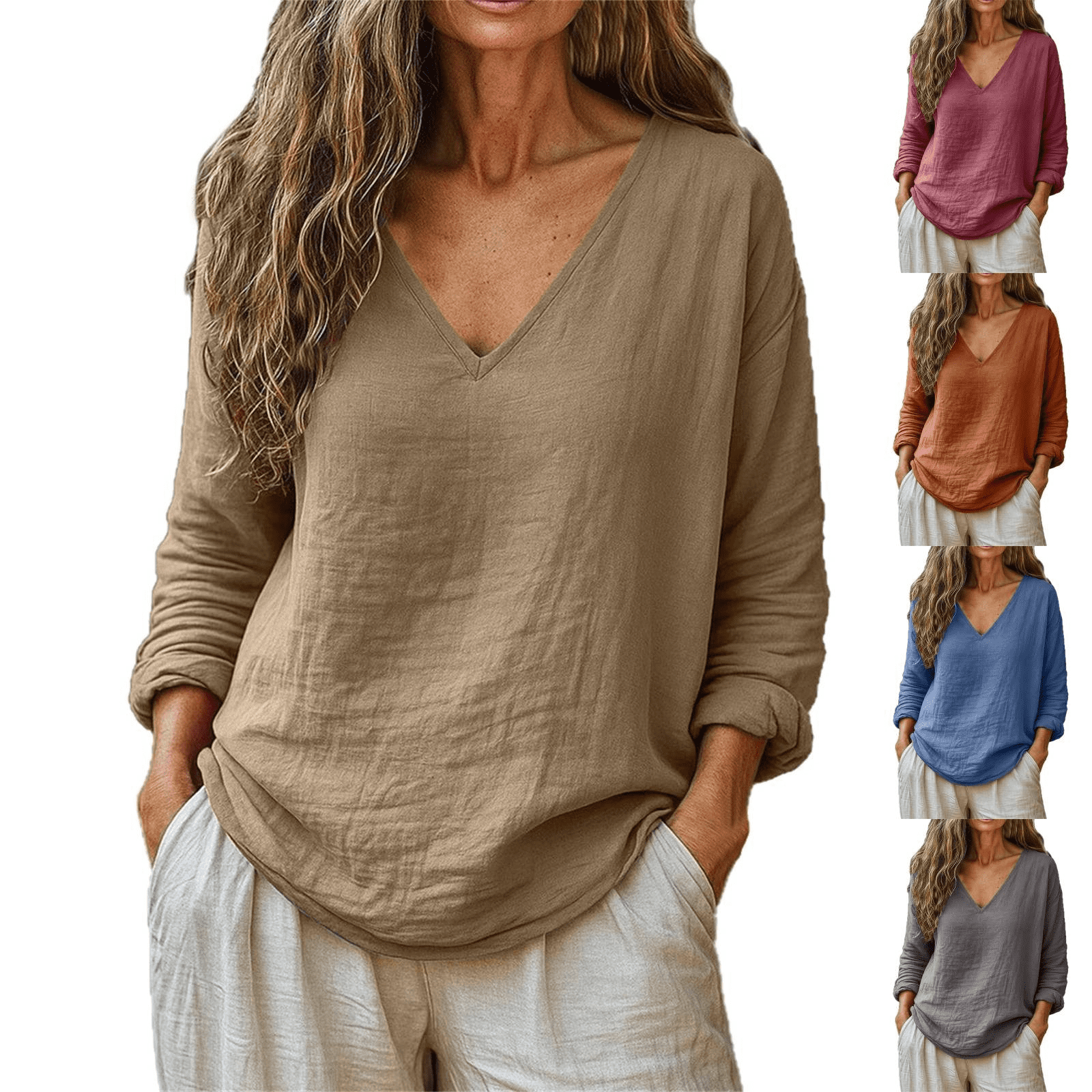 Manxivoo Summer Vacation Linen Top Women Casual V Neck Long Sleeve ...