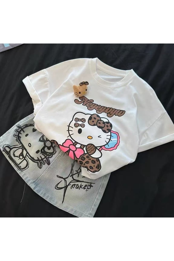 2026 Summer New 2Pcs Kawaii T-Shirt Short Denim Skirt Set Cute Cartoon Fashion Sweet Set