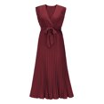thumbnail image 1 of 2026 Summer New Women's Burgundy Sleeveless Pleated Midi Dress, V Neck Wrap Self Tie Waist Ruffle Shoulder Chiffon Formal Gown, 1 of 6