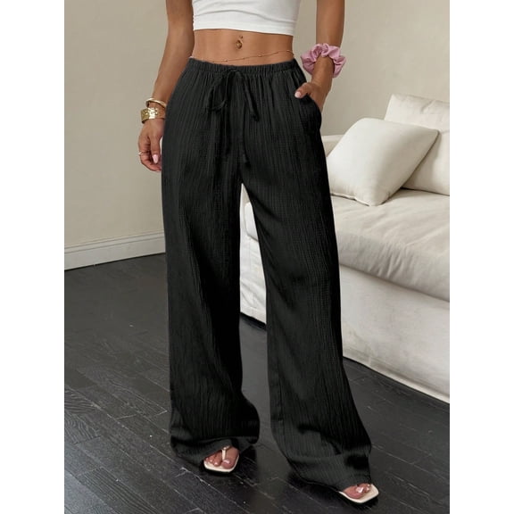 2026 Summer New Women's Casual Solid Color Textured Fabric Wide-Leg Pants with Knotted Waist and Slanted Pockets