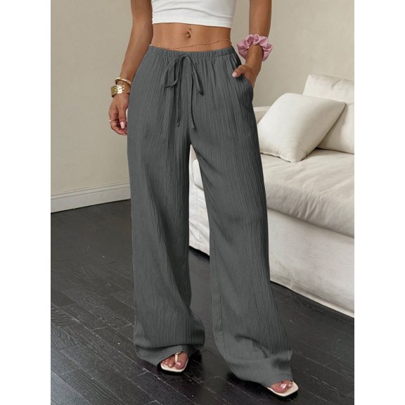 2026 Summer New Women's Casual Solid Color Textured Fabric Wide-Leg Pants with Knotted Waist and Slanted Pockets