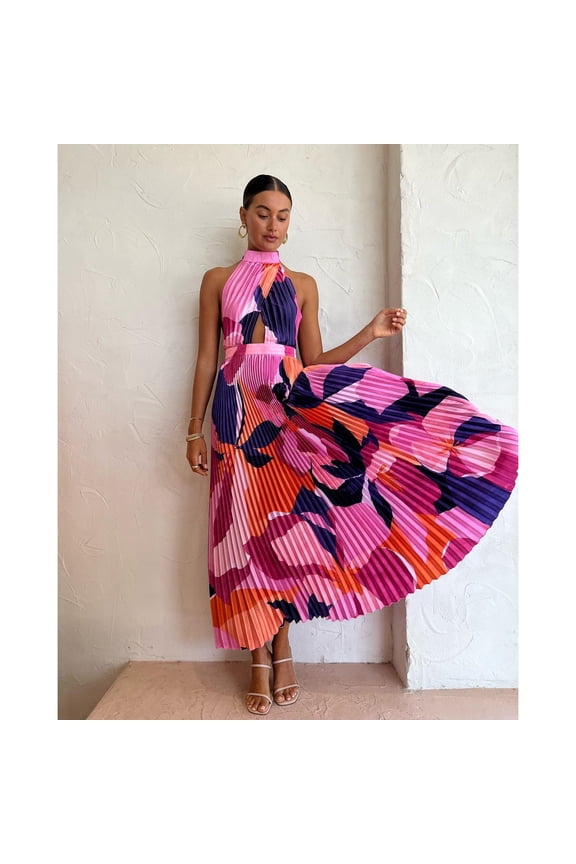 2026 Summer New Women's Colorful Floral Print Halter Cutout Pleated Midi Dress High Waist A-Line Vacation Dress