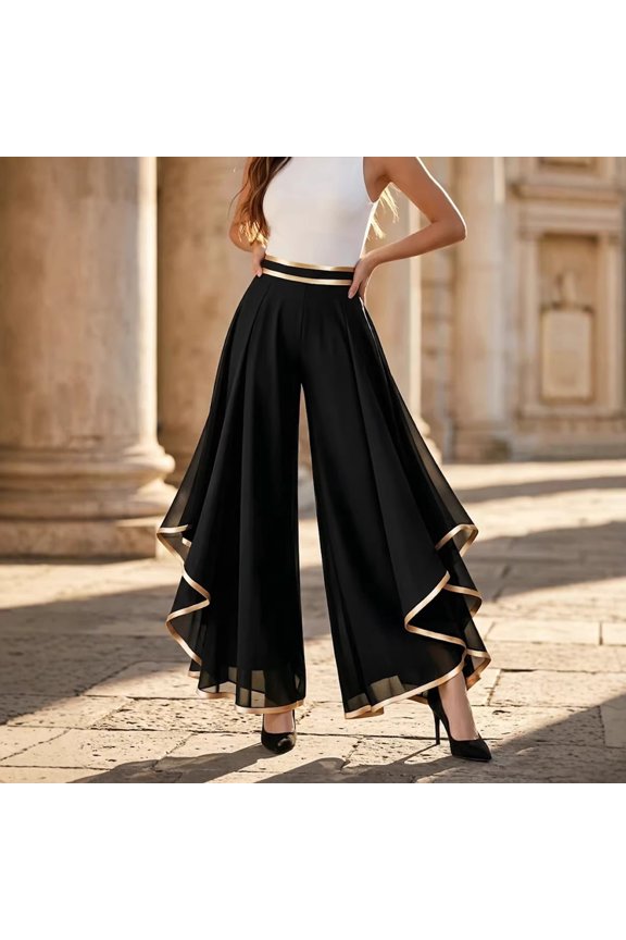 2026 Summer New Women's Gold Trim High Waist Pleated Chiffon Flare Wide Leg Palazzo Pants