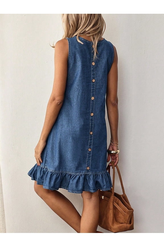 2026 Summer New Women's Sleeveless Denim Shift Dress, Button Back Ruffle Hem Casual Mini Dress