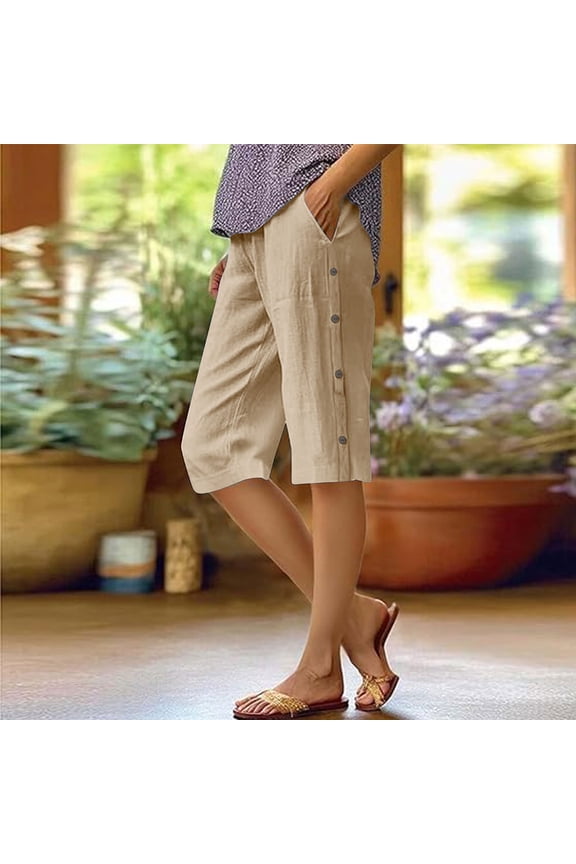 2026 Summer Shorts For Women Trendy Solid Color With Side Buttons Womens Lounge Shorts Yoga Shorts With Pockets Khaki∣S-2XL