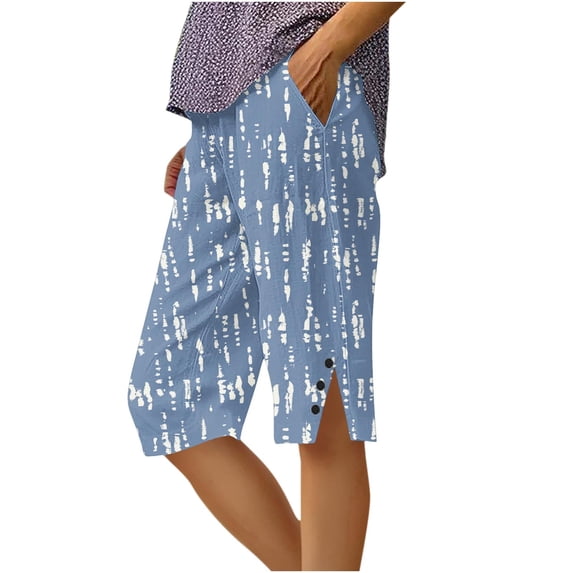 Womens Shorts with Pockets High Waist Print Side Slit and Button Five Quarter Shorts