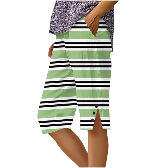 Womens Shorts with Pockets High Waist Striped Side Slit and Button Five Quarter Shorts