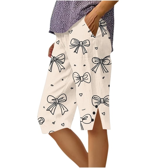 Summer Shorts for Women with Pockets High Waist Print Side Slit and Button Five Quarter Shorts
