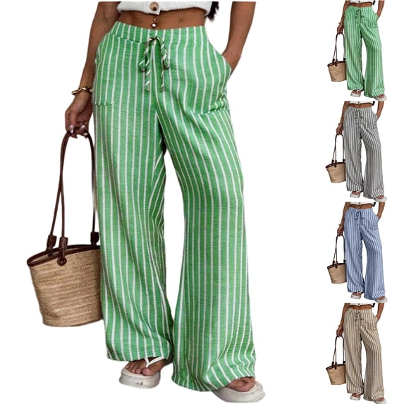 Summer Striped Pants Women Loose Wide Leg Drawstring Pants Lightweight Low Rise Lounge Trousers with Pockets
