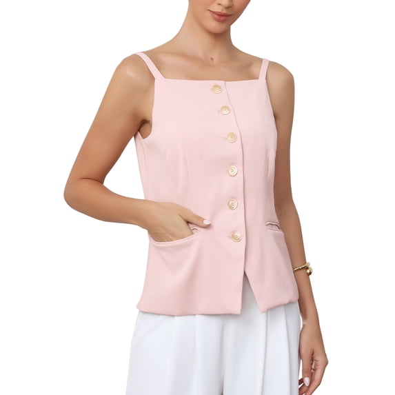 INSPIRE CHIC Outfit 2026 Summer Suit Vest for Women Sleeveless Button Down Square Neck Business Casual Blazer Vest Tops L Pink