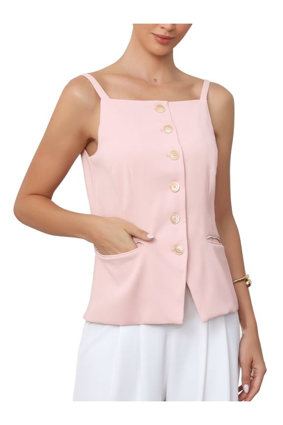 Easter Outfit 2026 Summer Suit Vest for Women Sleeveless Button Down Square Neck Business Casual Blazer Vest Tops L Pink