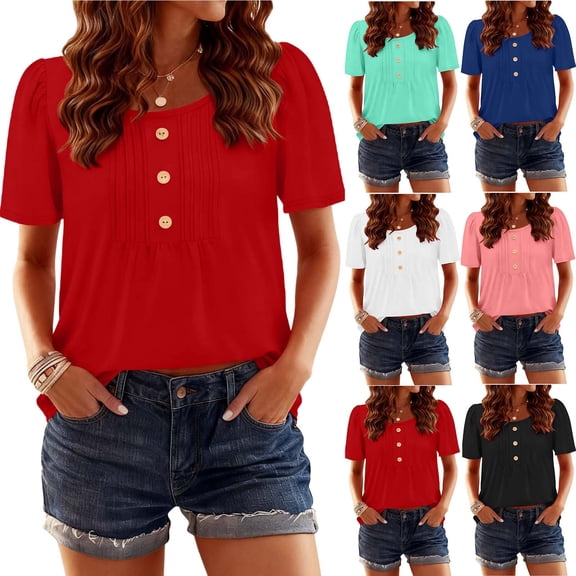 2026 Summer Tops for Women Base T-Shirt Pleated Button Short Sleeve Round Neck Top Blue M