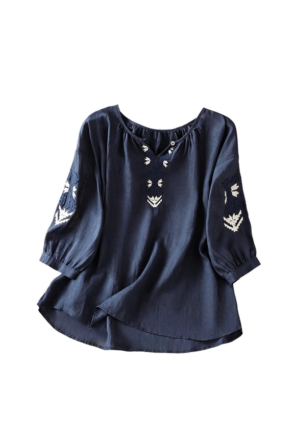 2026 Summer Tops for Women Embroidered Cotton Linen Blouse 3/4 Sleeve Peasant Tops with V-Neck Ethnic Style