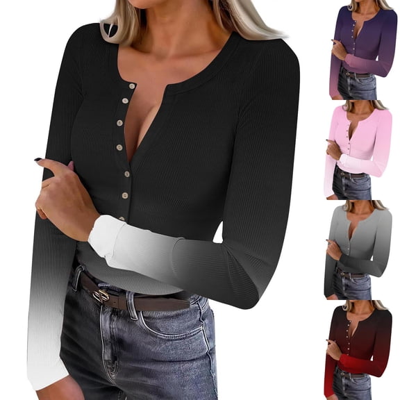 2026 Summer Tops for Women Printing Casual Button V Neck Long Sleeve Tops T-shirt Blouses Wine L