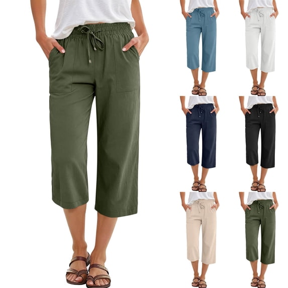 2026 Summer Wide Leg Capri Pants for Women Drawstring Elastic Waist Casual Cropped Trousers with Pockets Army Green L