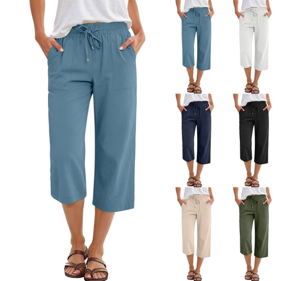 2026 Summer Wide Leg Capri Pants for Women Drawstring Elastic Waist Casual Cropped Trousers with Pockets Dark Blue M