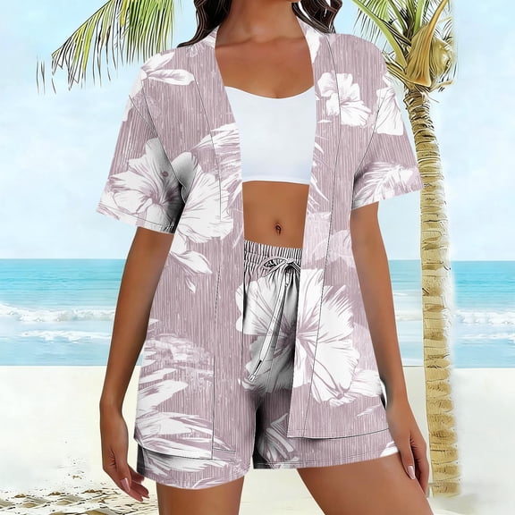 2026 Summer Women's Fashionable Loose Daily Casual Non Positioning Printed Casual Cardigan Shorts Short Sleeved Top Pants Pocket Sett