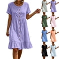 thumbnail image 1 of 2026 Summer Womens Dress 100% Cotton Casual Short Sleeve V-Neck Button Front Hem Mini Dress, 1 of 9