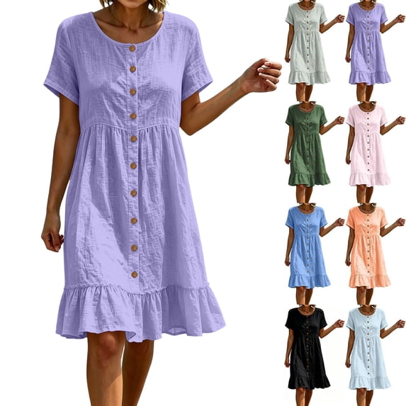 2026 Summer Womens Dress 100% Cotton Casual Short Sleeve V-Neck Button Front Hem Mini Dress
