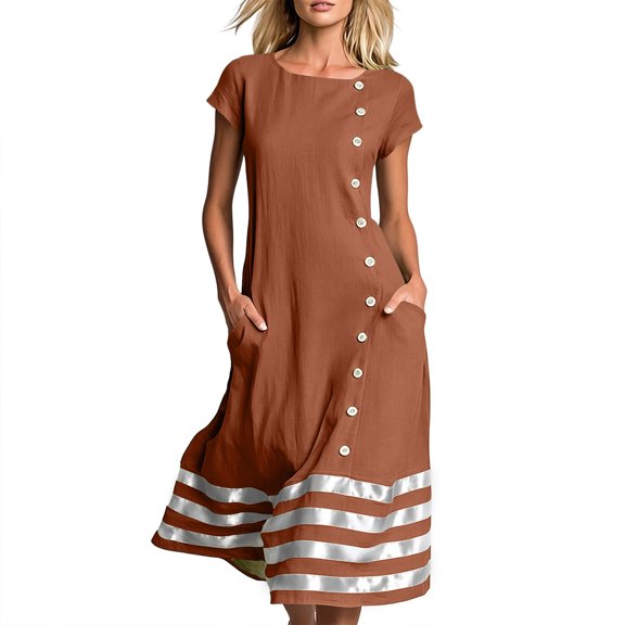 2026 Summer Womens Dress Button Front Short Sleeve Shift Midi Dress with Satin Stripe Hem & Side Pockets