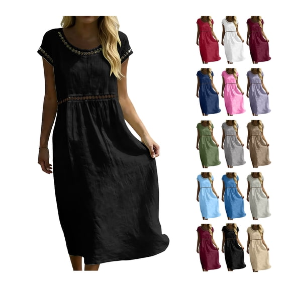 2026 Summer Womens Dress Cotton Linen Eyelet Detail Short Sleeve Midi Dress