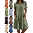 thumbnail image 1 of 2026 Summer Womens Dress Cotton Linen Short Sleeve Pockets Button Front Knee-Length Dress, 1 of 7