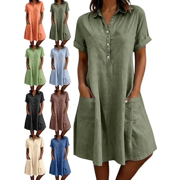 2026 Summer Womens Dress Cotton Linen Short Sleeve Pockets Button Front Knee-Length Dress