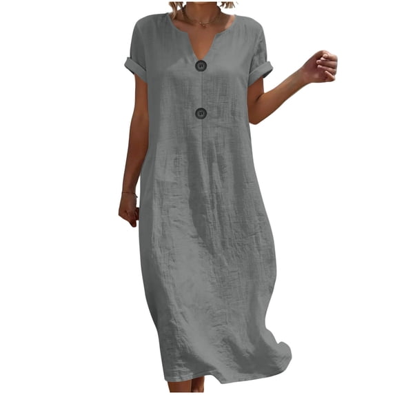 2026 Summer Womens Dress Fashion Casual Short Sleeve Round Neck Button Linen Maxi Dress