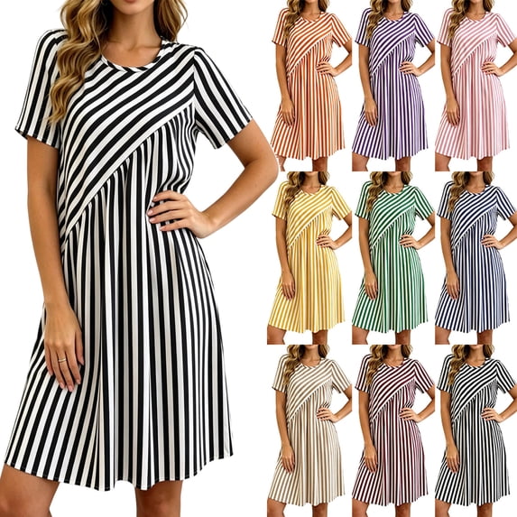2026 Summer Womens Dress Fashion Striped Short Sleeve Casual Round-Neck Mini Dress
