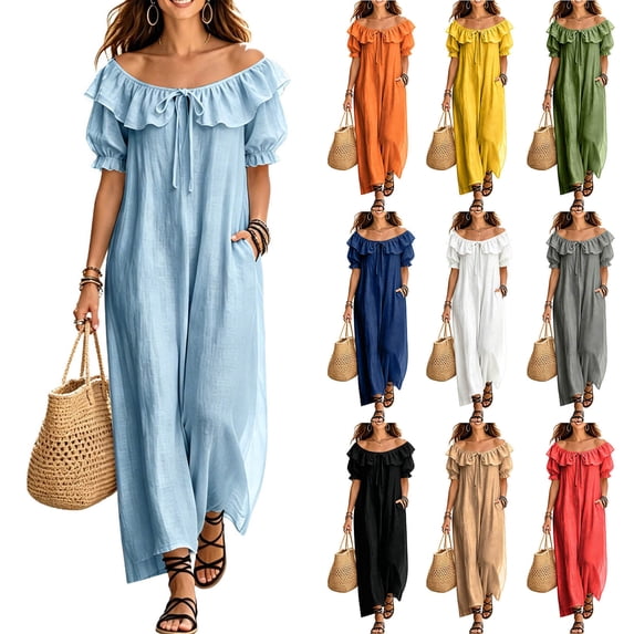2026 Summer Womens Dress Off Shoulder Ruffled Neckline Short Sleeve & Side Pockets Maxi Dress