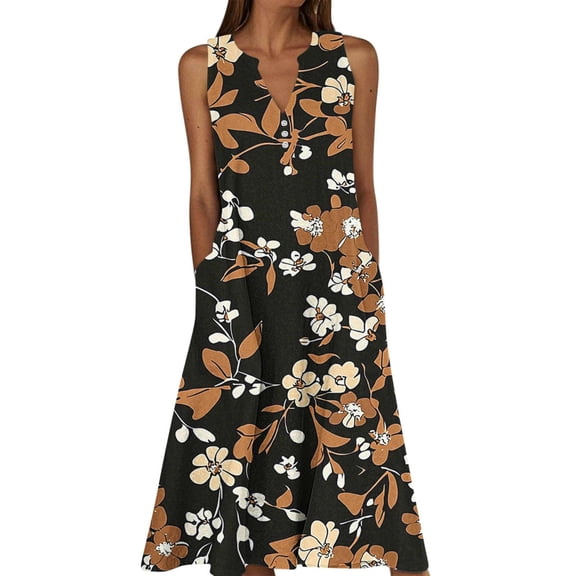 2026 Summer Womens Dress Sleeveless Floral Print V-Neck Pockets Casual Long Dress