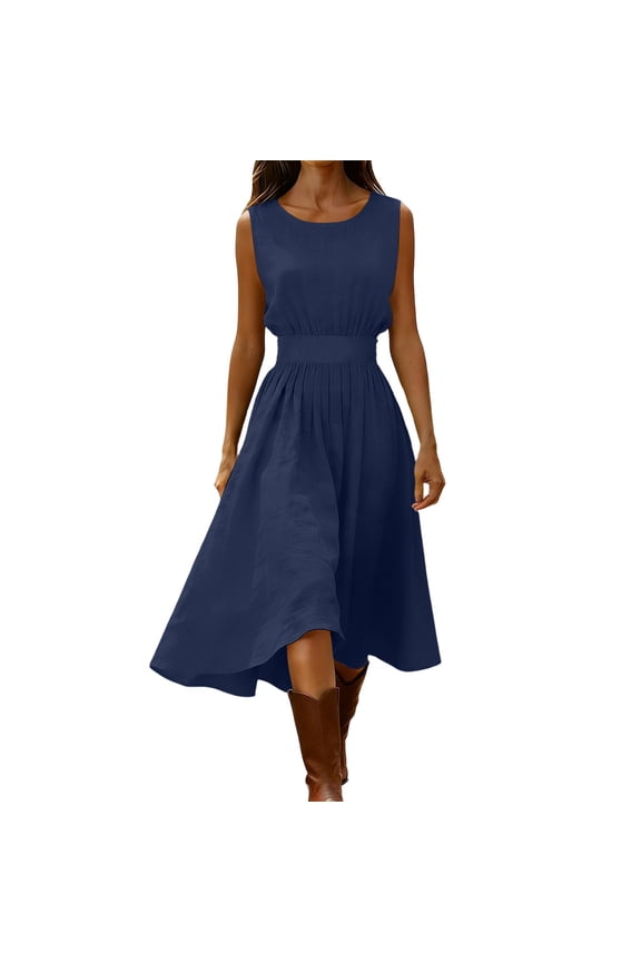 2026 Summer Womens Dress Sleeveless Round Neck Linen with Elastic Waist Flowy A-Line Midi Dress for Work or Weekend