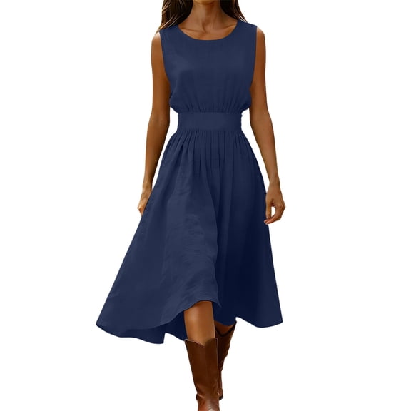 2026 Summer Womens Dress Sleeveless Round Neck Linen with Elastic Waist Flowy A-Line Midi Dress for Work or Weekend