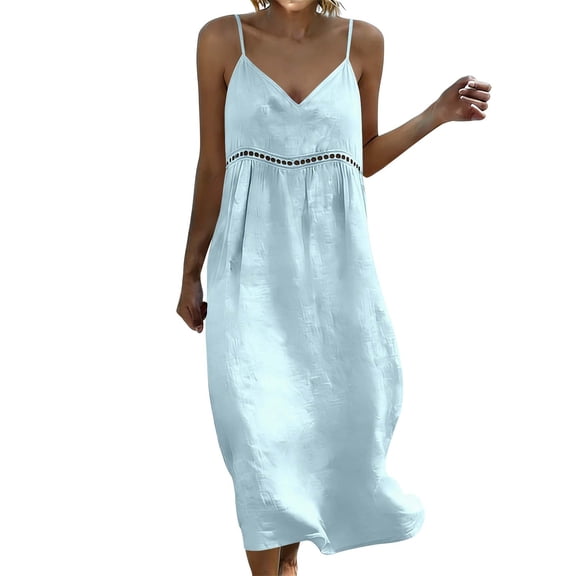 2026 Summer Womens Dress Spaghetti Strap V-Neck with Eyelet Lace Detail Cream Boho Beach Maxi Sundress