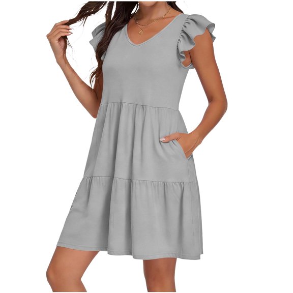 2026 Summer Womens Dress V-Neck Ruffle Sleeve Tiered Flowy A-Line Mini Dress with Side Pockets
