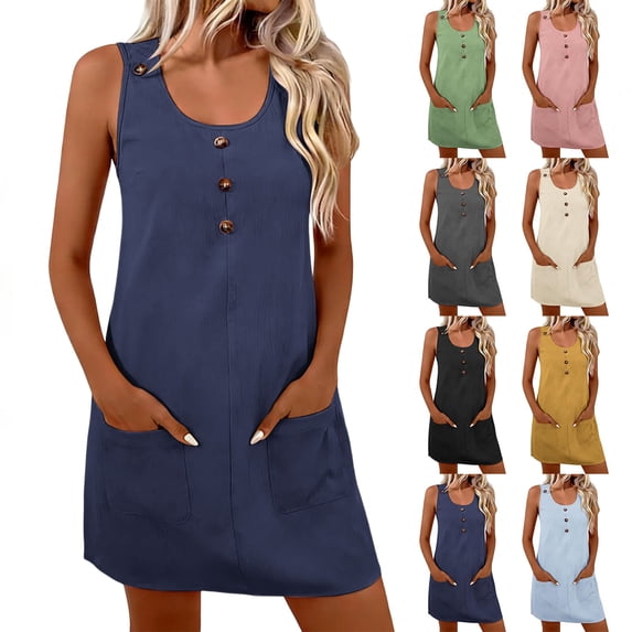 2026 Summer Womens Plus Size Dress 100% Cotton Sleeveless Round Neck Button Front Dress with Pockets
