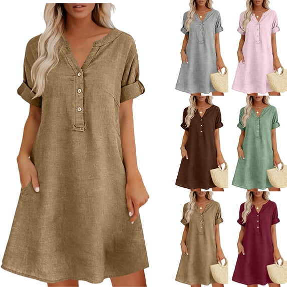 2026 Summer Womens Plus Size Dress Cotton Linen V-Neck Pockets Solid Half Sleeve Knee-Length Dress